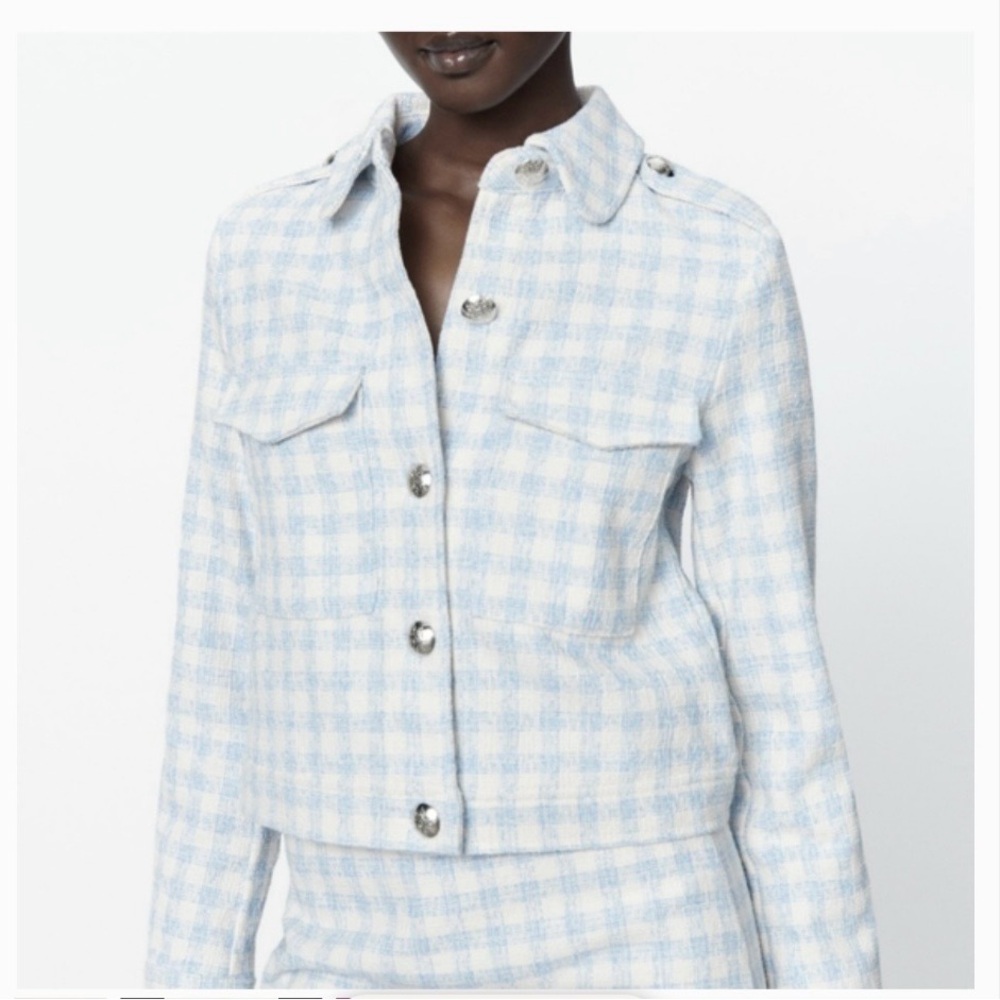 NWT Zara Women's Blue Plaid Gingham Jacket - Picture 2 of 9